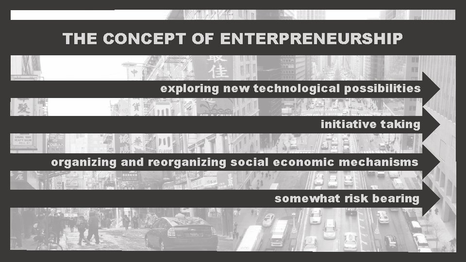THE CONCEPT OF ENTERPRENEURSHIP exploring new technological possibilities initiative taking organizing and reorganizing social