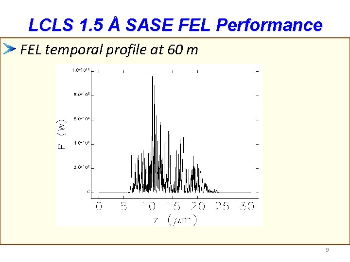 LCLS 1. 5 Å SASE FEL Performance FEL temporal profile at 60 m 9