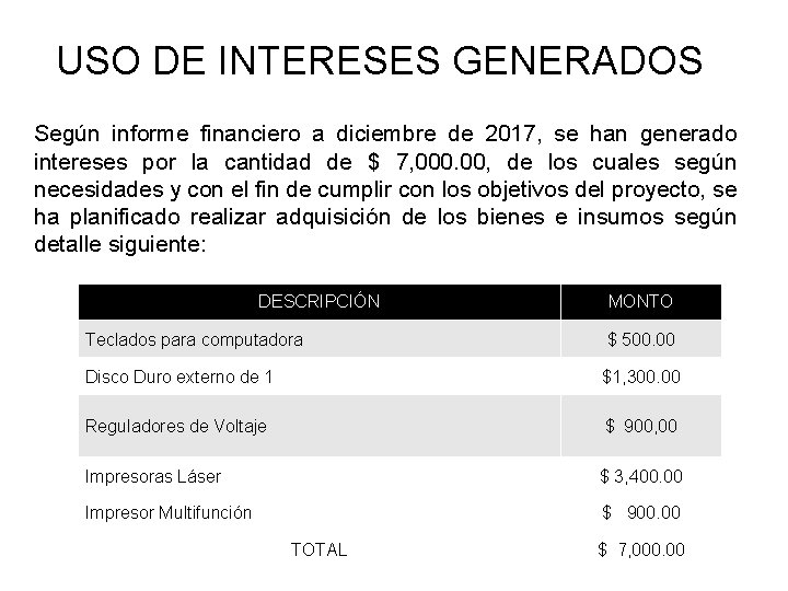 USO DE INTERESES GENERADOS Según informe financiero a diciembre de 2017, se han generado