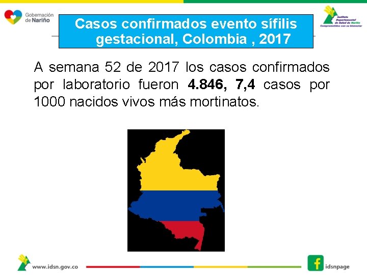 Casos confirmados evento sífilis gestacional, Colombia , 2017 A semana 52 de 2017 los