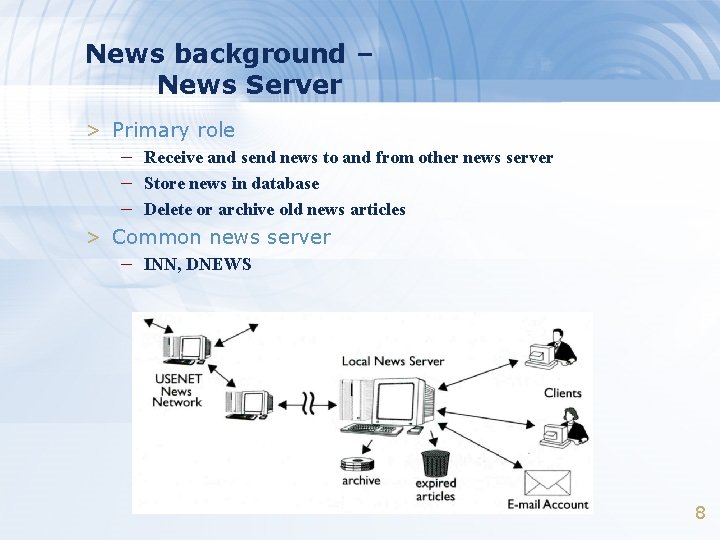 News background – News Server > Primary role – Receive and send news to