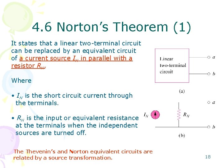 4. 6 Norton’s Theorem (1) It states that a linear two-terminal circuit can be
