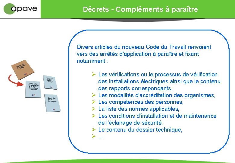 Décrets - Compléments à paraître Divers articles du nouveau Code du Travail renvoient vers