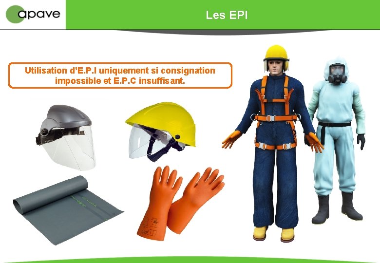 Les EPI Utilisation d’E. P. I uniquement si consignation impossible et E. P. C