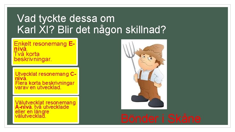 Vad tyckte dessa om Karl XI? Blir det någon skillnad? Enkelt resonemang Enivå. Två