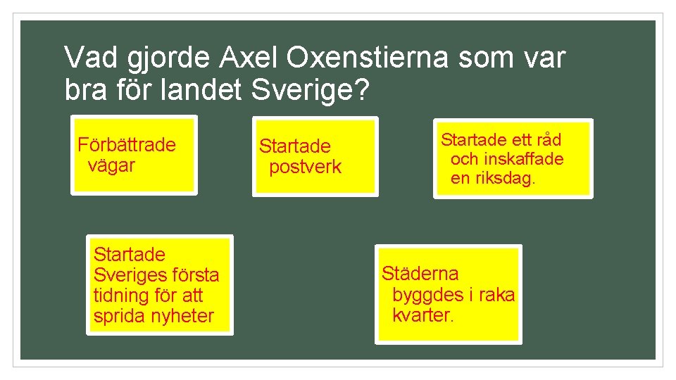 Vad gjorde Axel Oxenstierna som var bra för landet Sverige? Förbättrade vägar Startade Sveriges