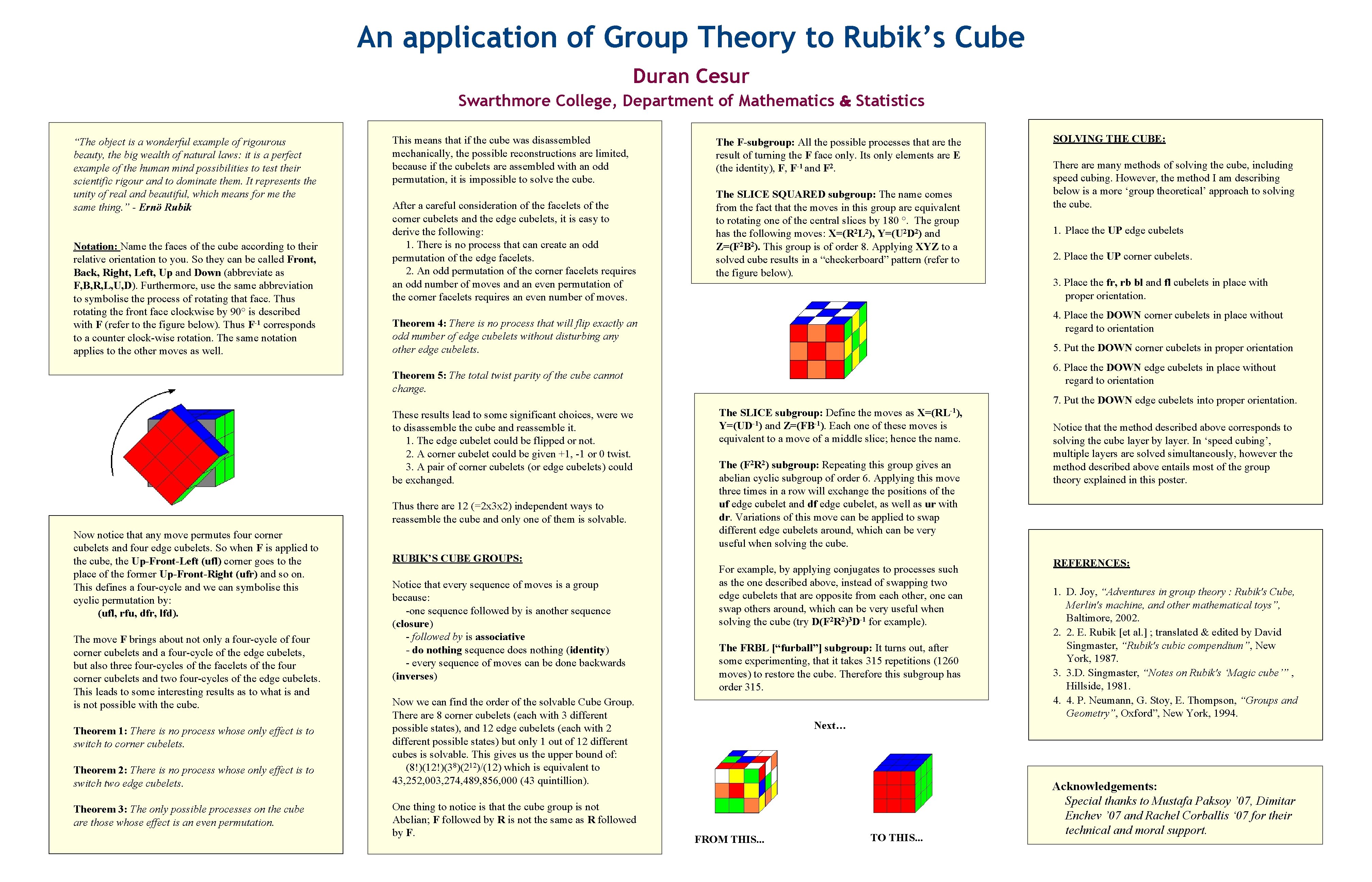 An application of Group Theory to Rubik’s Cube Duran Cesur Swarthmore College, Department of