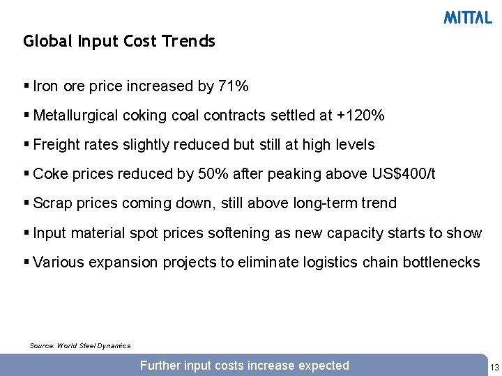 Global Input Cost Trends § Iron ore price increased by 71% § Metallurgical coking