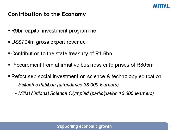 Contribution to the Economy § R 9 bn capital investment programme § US$704 m