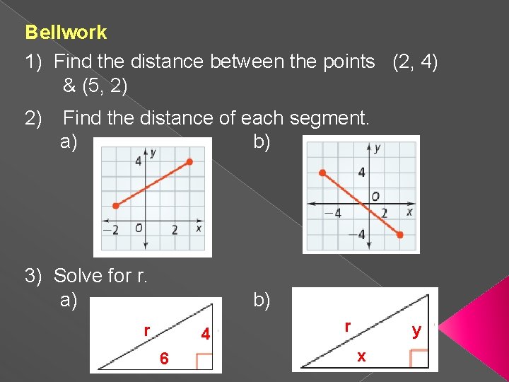 Bellwork 1) Find the distance between the points (2, 4) & (5, 2) 2)