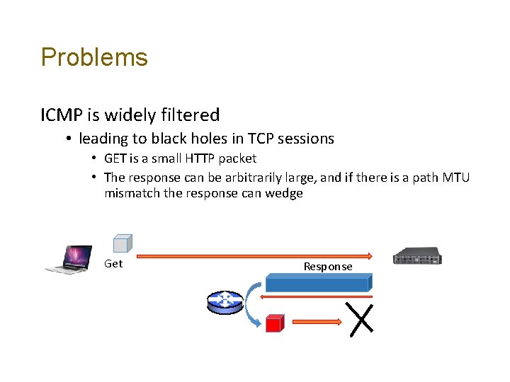 Problems ICMP is widely filtered • leading to black holes in TCP sessions •