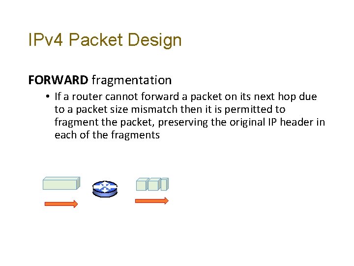 IPv 4 Packet Design FORWARD fragmentation • If a router cannot forward a packet