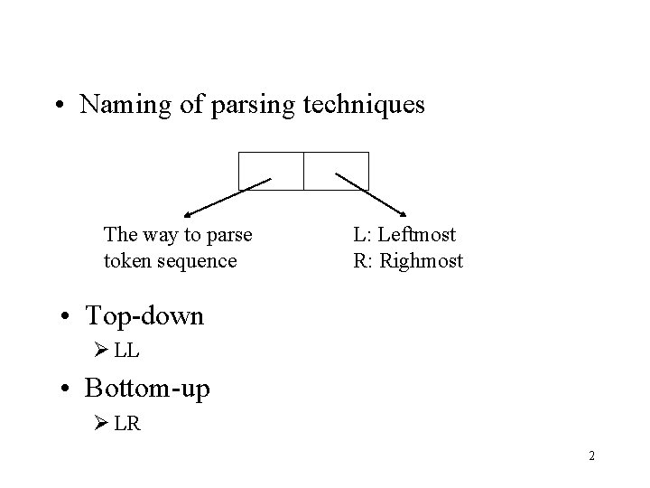  • Naming of parsing techniques The way to parse token sequence L: Leftmost