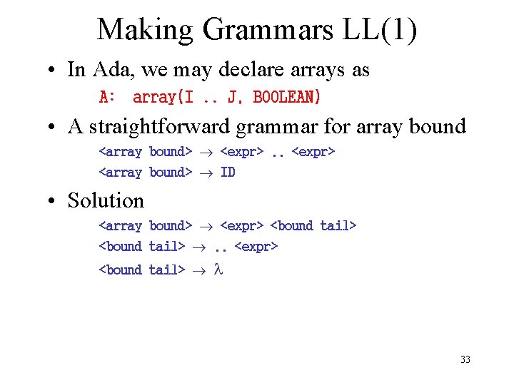 Making Grammars LL(1) • In Ada, we may declare arrays as A: array(I. .