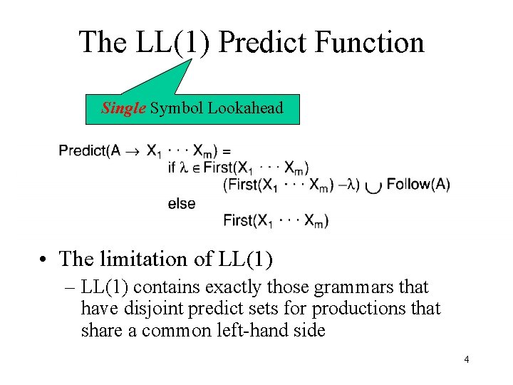 The LL(1) Predict Function Single Symbol Lookahead • The limitation of LL(1) – LL(1)