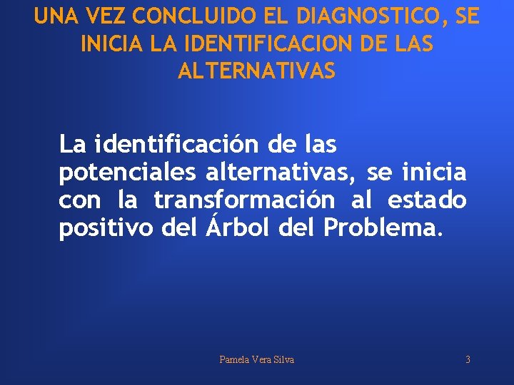 UNA VEZ CONCLUIDO EL DIAGNOSTICO, SE INICIA LA IDENTIFICACION DE LAS ALTERNATIVAS La identificación