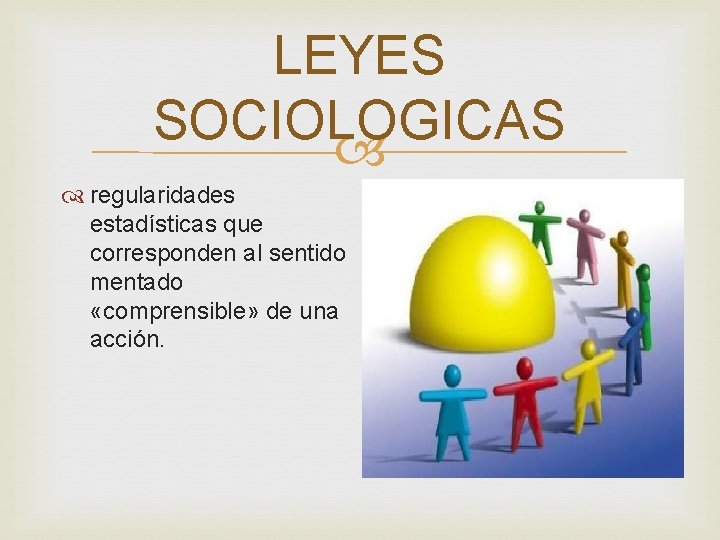 LEYES SOCIOLOGICAS regularidades estadísticas que corresponden al sentido mentado «comprensible» de una acción. 