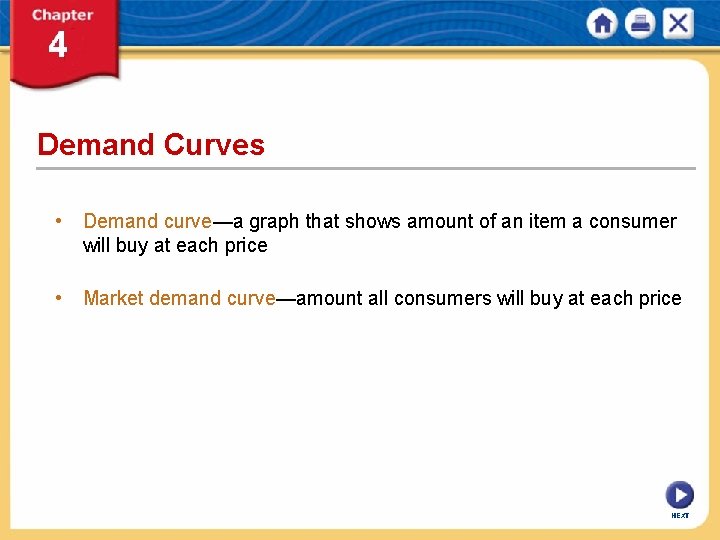 Demand Curves • Demand curve—a graph that shows amount of an item a consumer