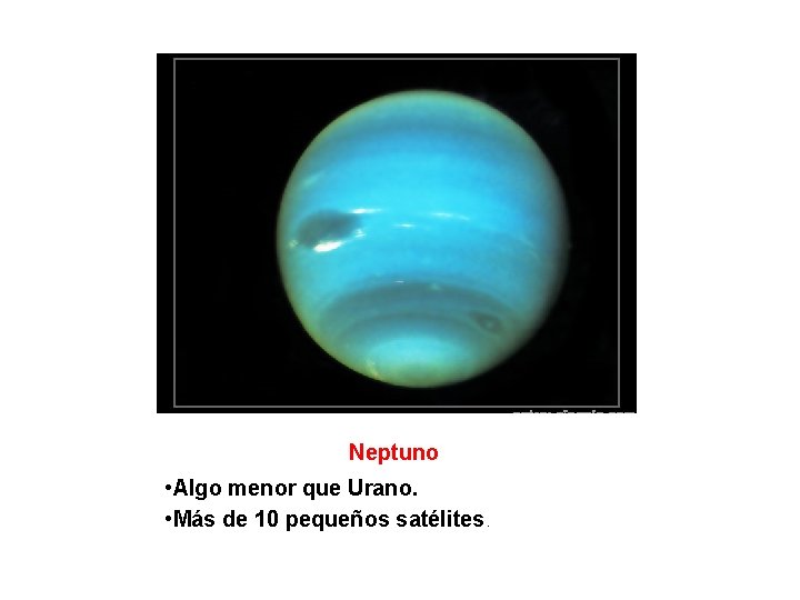 Neptuno • Algo menor que Urano. • Más de 10 pequeños satélites. 