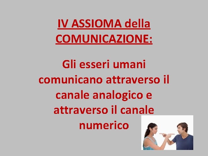 IV ASSIOMA della COMUNICAZIONE: Gli esseri umani comunicano attraverso il canale analogico e attraverso