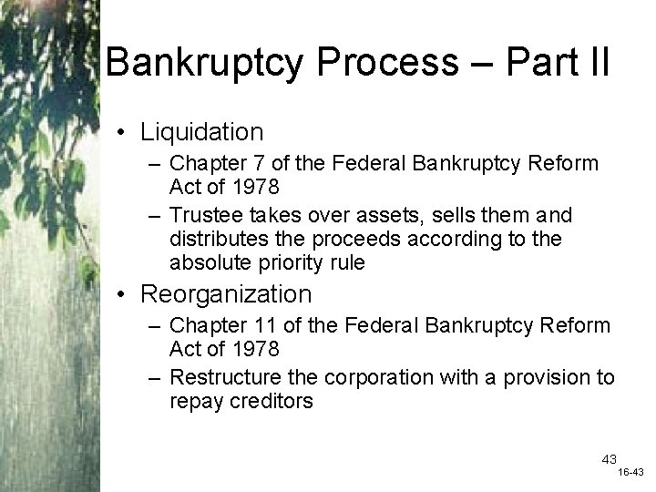 Bankruptcy Process – Part II • Liquidation – Chapter 7 of the Federal Bankruptcy