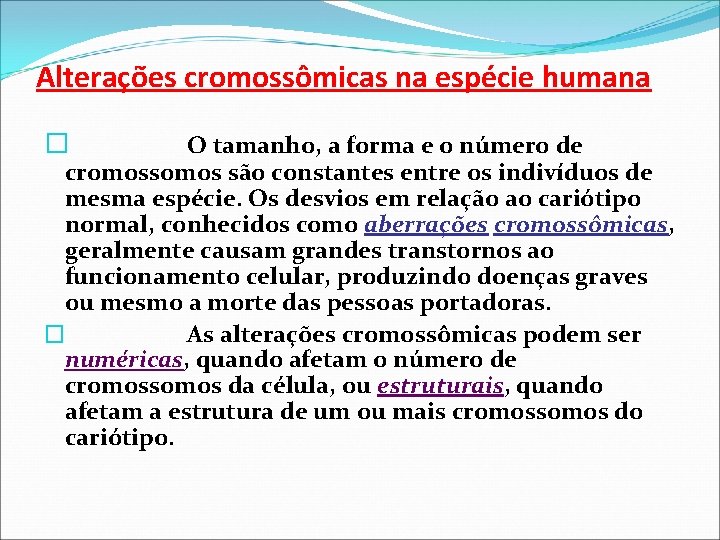 Alterações cromossômicas na espécie humana � O tamanho, a forma e o número de
