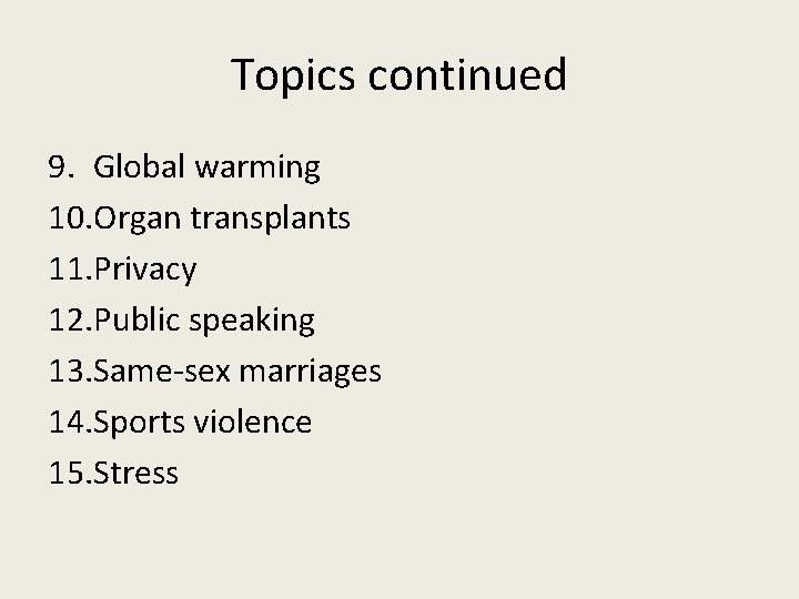 Topics continued 9. Global warming 10. Organ transplants 11. Privacy 12. Public speaking 13.
