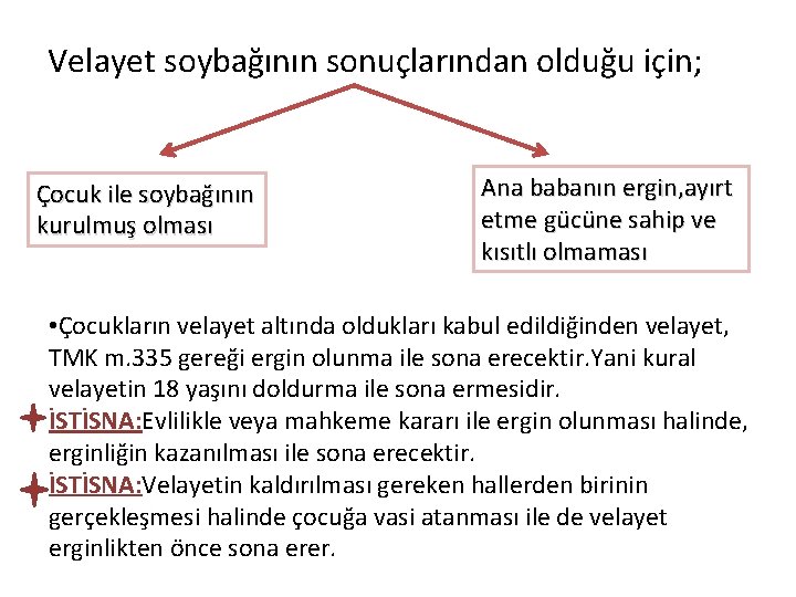 Velayet soybağının sonuçlarından olduğu için; Çocuk ile soybağının kurulmuş olması Ana babanın ergin, ayırt