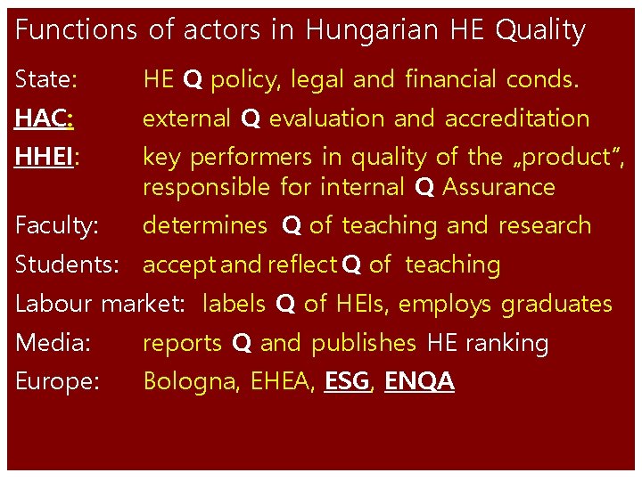 Functions of actors in Hungarian HE Quality State: HE Q policy, legal and financial