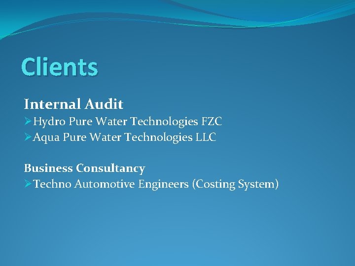 Clients Internal Audit ØHydro Pure Water Technologies FZC ØAqua Pure Water Technologies LLC Business