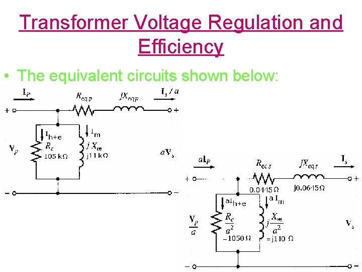 Transformer Voltage Regulation and Efficiency • The equivalent circuits shown below: • 