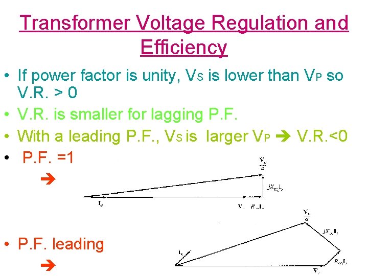 Transformer Voltage Regulation and Efficiency • If power factor is unity, VS is lower