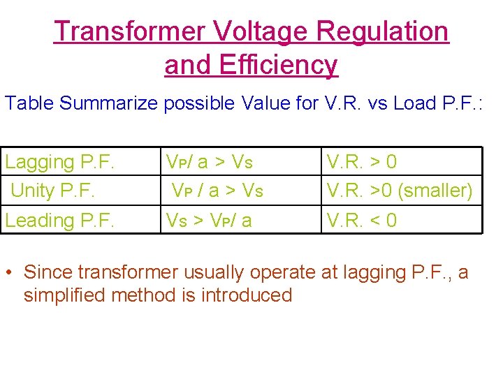 Transformer Voltage Regulation and Efficiency Table Summarize possible Value for V. R. vs Load
