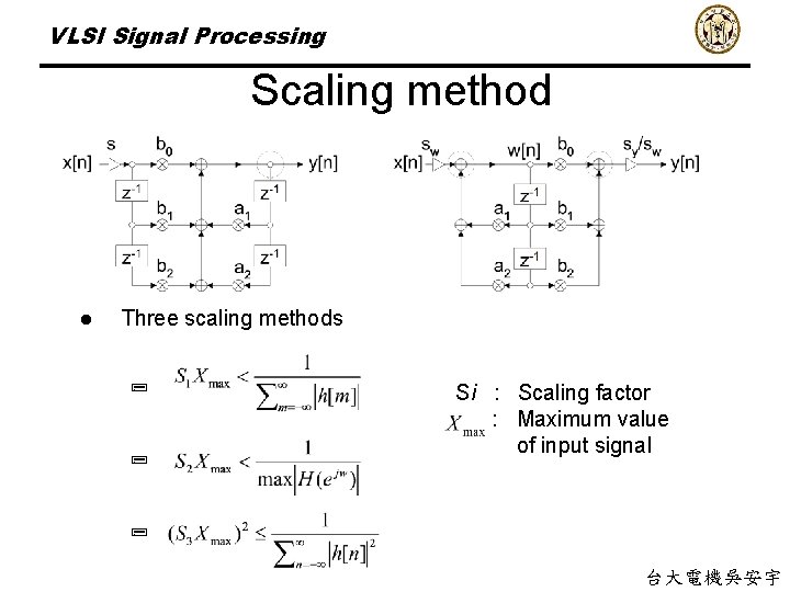 VLSI Signal Processing Scaling method l Three scaling methods ; ; Si : Scaling