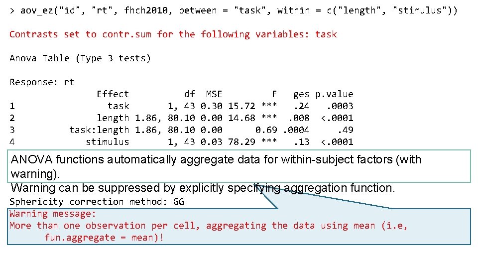 > aov_ez("id", "rt", fhch 2010, between = "task", within = c("length", "stimulus")) Contrasts set