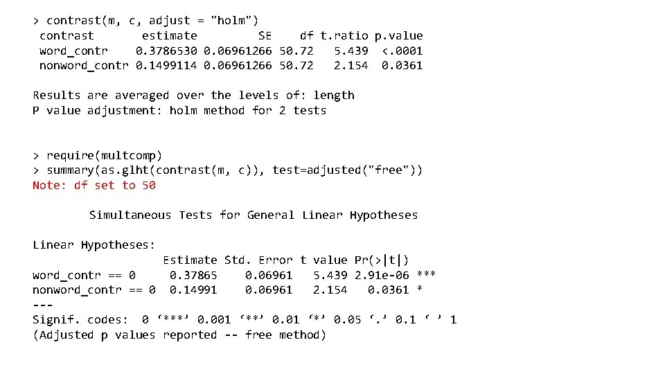 > contrast(m, c, adjust = "holm") contrast estimate SE df t. ratio p. value