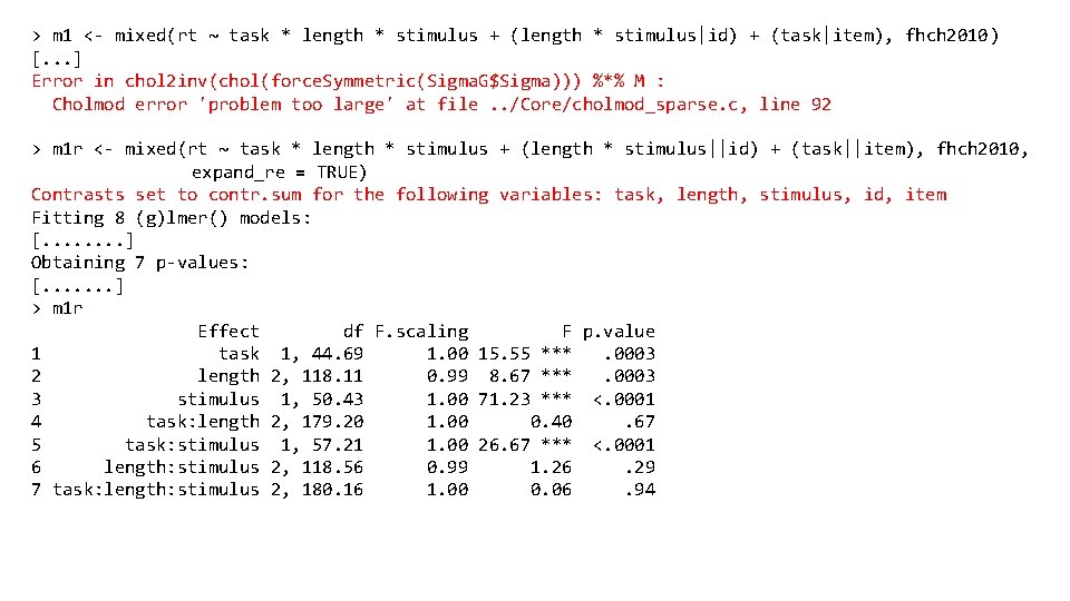 > m 1 <- mixed(rt ~ task * length * stimulus + (length *