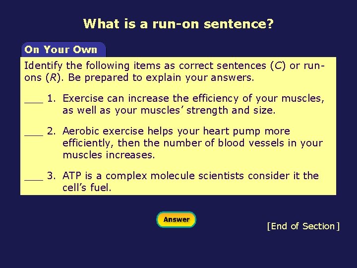 What is a run-on sentence? On Your Own Identify the following items as correct