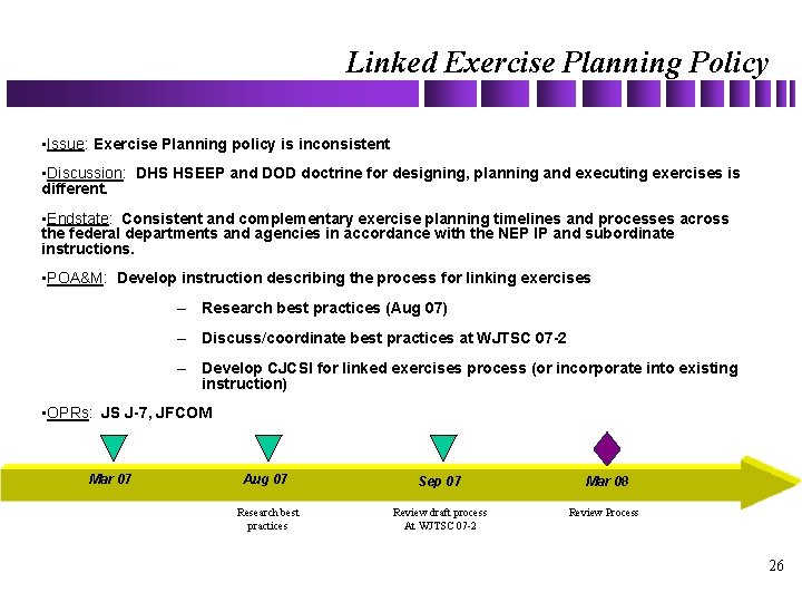 Linked Exercise Planning Policy • Issue: Exercise Planning policy is inconsistent • Discussion: DHS