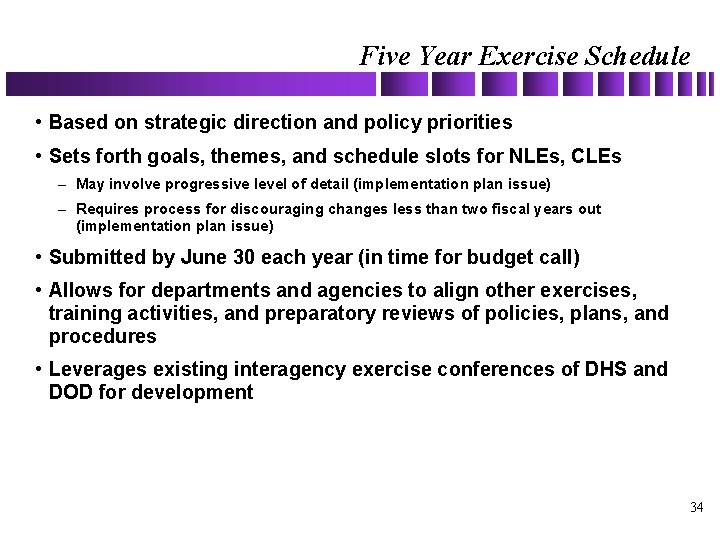 Five Year Exercise Schedule • Based on strategic direction and policy priorities • Sets