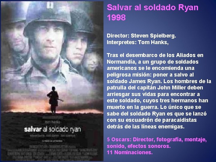 Salvar al soldado Ryan 1998 Director: Steven Spielberg. Interpretes: Tom Hanks, Tras el desembarco