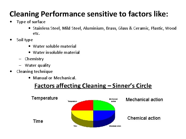 Cleaning Performance sensitive to factors like: • Type of surface • Stainless Steel, Mild