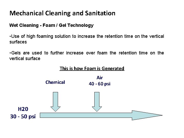 Mechanical Cleaning and Sanitation Wet Cleaning - Foam / Gel Technology • Use of