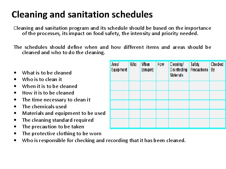 Cleaning and sanitation schedules Cleaning and sanitation program and its schedule should be based