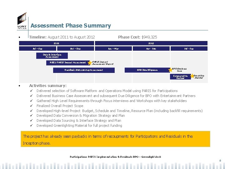 Assessment Phase Summary • Timeline: August 2011 to August 2012 Phase Cost: $949, 325