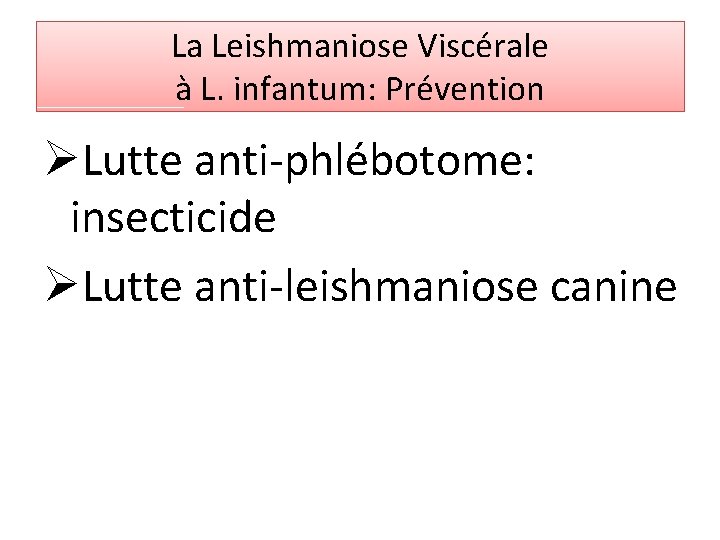 La Leishmaniose Viscérale à L. infantum: Prévention ØLutte anti-phlébotome: insecticide ØLutte anti-leishmaniose canine 