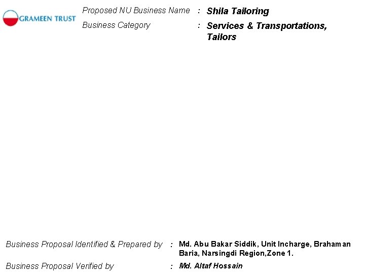 Proposed NU Business Name : Shila Tailoring Business Category : Services & Transportations, Tailors