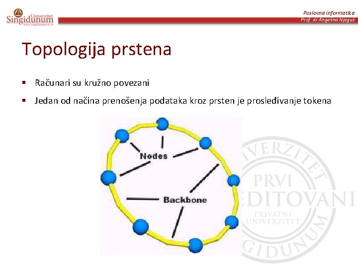 Poslovna informatika Prof. dr Angelina Njeguš Topologija prstena § Računari su kružno povezani §