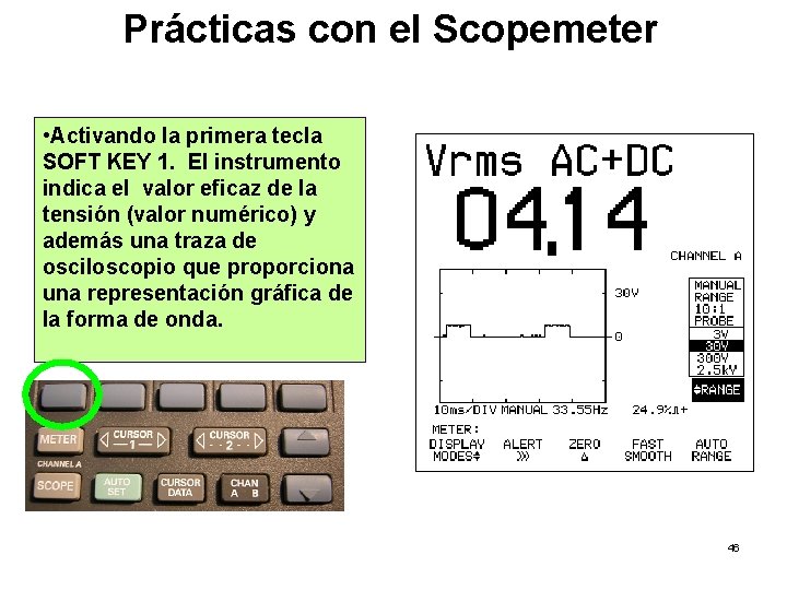 Prácticas con el Scopemeter • Activando la primera tecla SOFT KEY 1. El instrumento