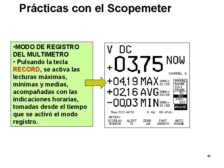 Prácticas con el Scopemeter • MODO DE REGISTRO DEL MULTIMETRO • Pulsando la tecla